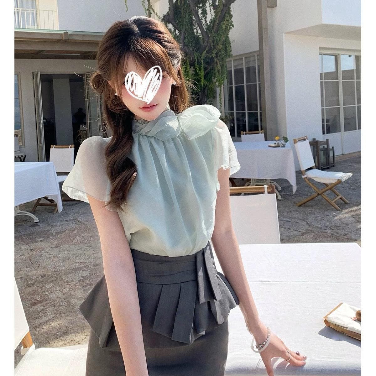 봄날 Tulle 우아함 미시 바람 스탠드 칼라 루즈핏 슬림해 보이는 레이스 레이스 맨위 가벼움 나비 매듭 반팔 상세 이미지 1