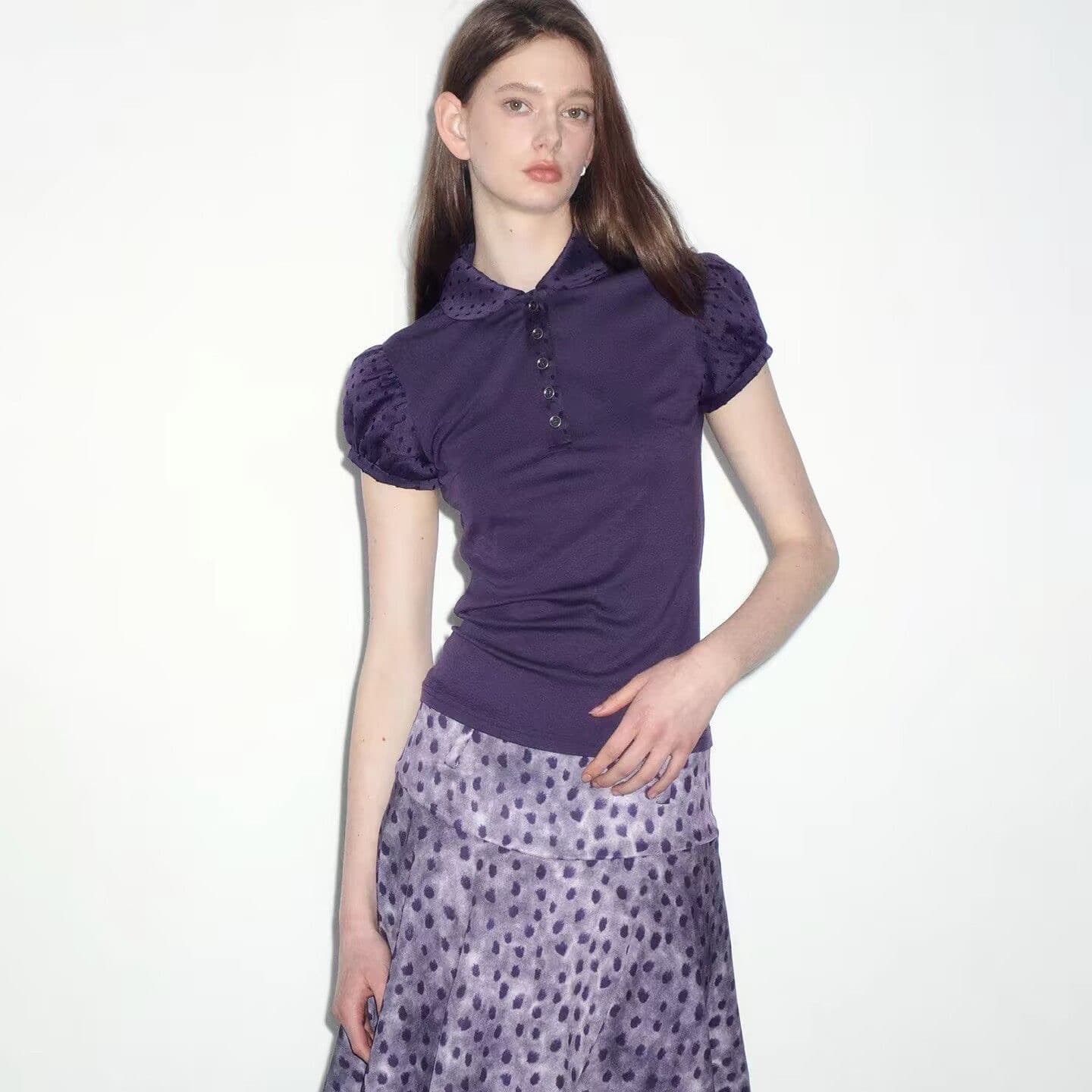 보라색 거품 소매 POLO 칼라 반팔 티셔츠 여성 여름 새로운 디자인 센스 몸매 가꾸기 단추 다용도 품격 맨위 상세 이미지 3