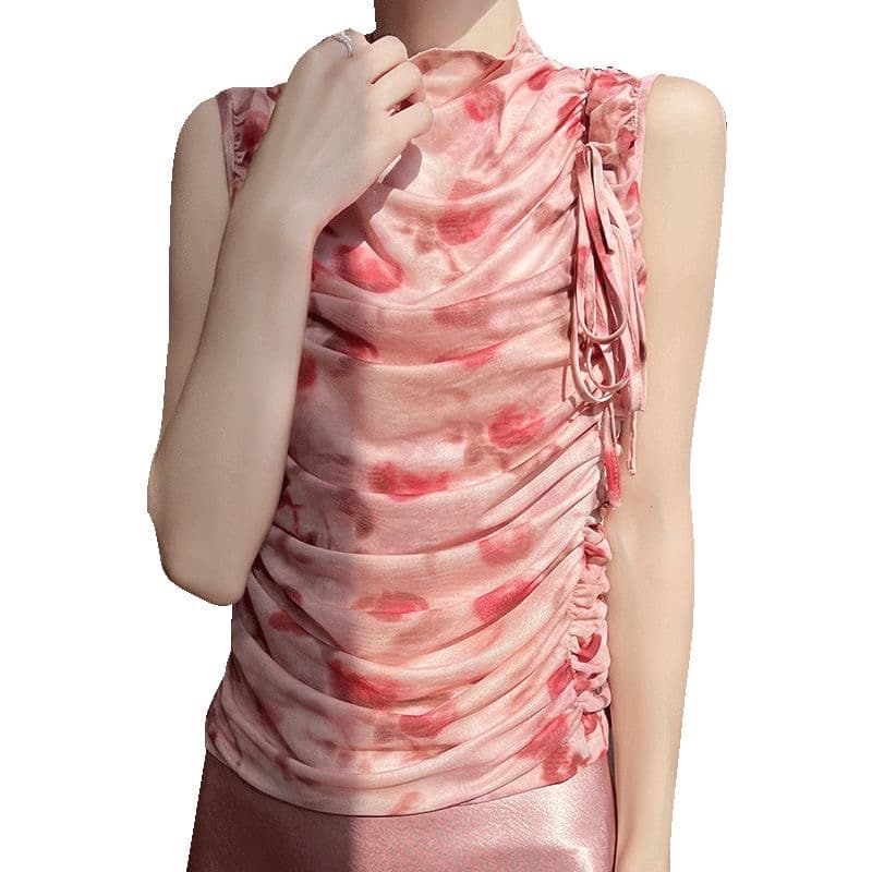 여름 품격 우아함 다용도 망사 반하이넥 가져 가라. Pleat 민소매 작은 셔츠 상세 이미지 5