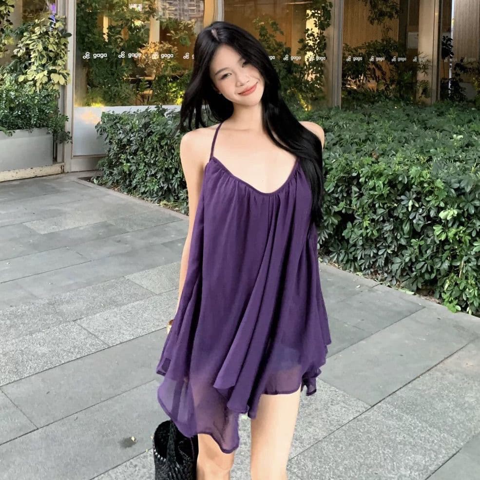 300 근 빅 사이즈 지방 mm 보라색 부적 섹시함 핫걸 망사 레이스업 백리스 표지 고기 슬림해 보이는 슬립 맨위 여성 이미지 3