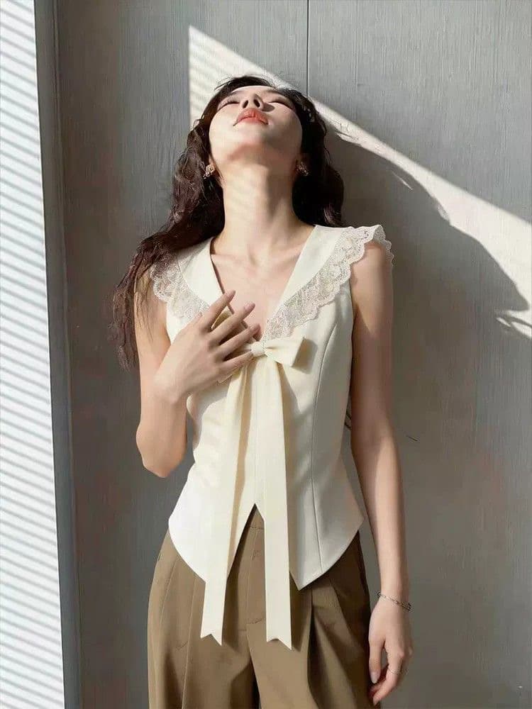 달콤한 핫걸 레이스 조각 나비 매듭 V넥 조끼 조끼 여성 2026 여름 트임 몸매 가꾸기 민소매 켜기 이미지 2
