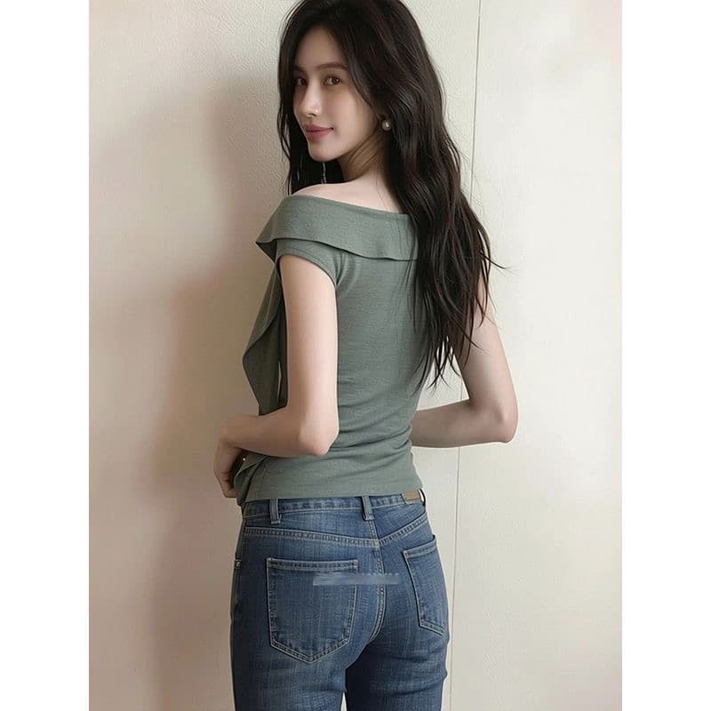 한 부서 여름 새로운 캐주얼 느긋한 비대칭 디자인 센스 오프숄더 티셔츠 여성 빛 럭셔리 바람 품격 슬림해 보이는 맨위 상세 이미지 4