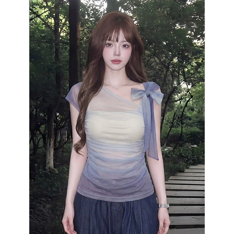 한 부서 슬림해 보이는 연령 감소 망사 비스듬한 칼라 티셔츠 여성 여름 2026 새로운 디자인 센스 나비 넥타이 맨위 여성 이미지 3