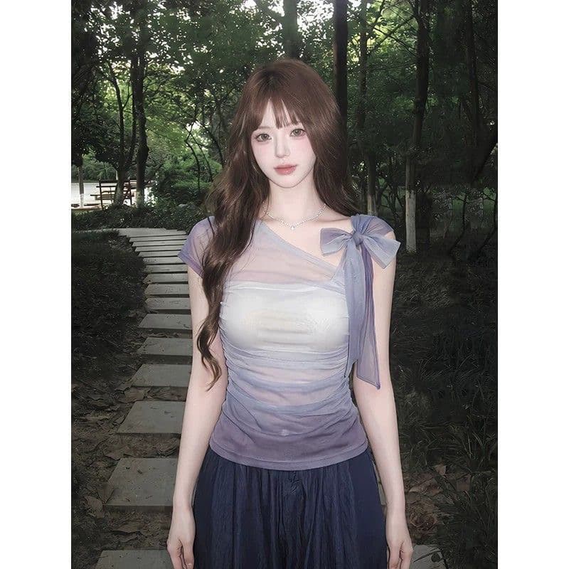 한 부서 슬림해 보이는 연령 감소 망사 비스듬한 칼라 티셔츠 여성 여름 2026 새로운 디자인 센스 나비 넥타이 맨위 여성 이미지 4