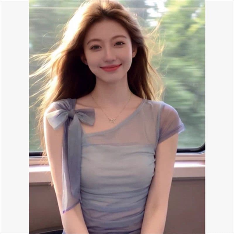디자인 센스 오프숄더 나비 매듭 망사 반팔 티셔츠 여성 여름 새로운 순수한 욕망 불규칙 비스듬한 어깨 슬림해 보이는 맨위 상세 이미지 4