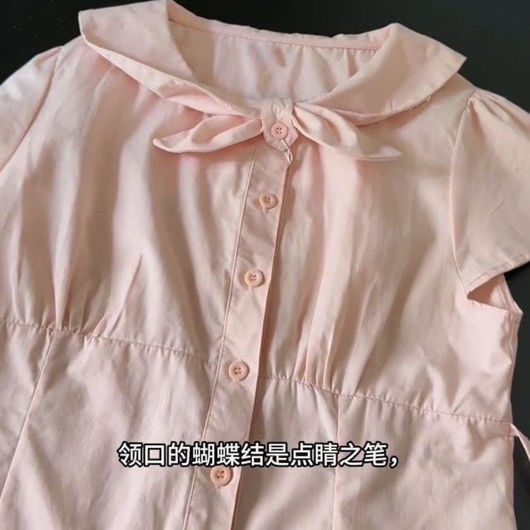 달콤한 스타일 베이비 칼라 나비 매듭 스트랩 여성 셔츠 여름 새로운 허리 수축 슬림해 보이는 레이스업 핑크색 반팔 맨위 이미지 4