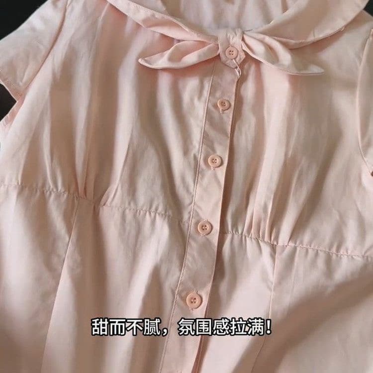 달콤한 스타일 베이비 칼라 나비 매듭 스트랩 여성 셔츠 여름 새로운 허리 수축 슬림해 보이는 레이스업 핑크색 반팔 맨위 상세 이미지 5