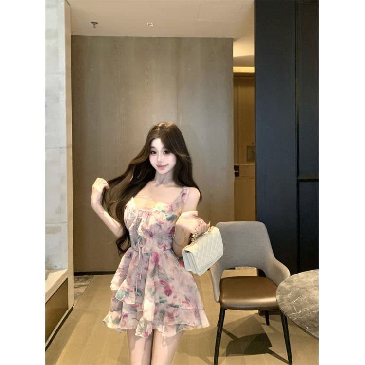 프랑스식 프릴 꽃무늬 슬립 여성 드레스 여름 순수한 욕망 몸매 가꾸기 치마 디자인 센스 허리 수축 한 마디 미니 스커트 상세 이미지 4