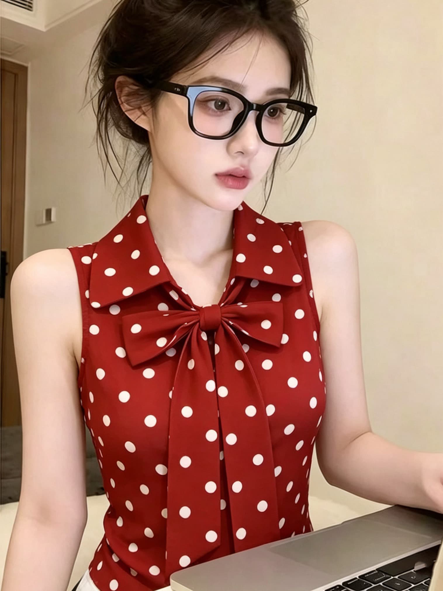 연인 빨간색 도트 무늬 민소매 여성 셔츠 여름 새로운 나비 매듭 스트랩 패션 출퇴근 연령 감소 맨위 이미지 4