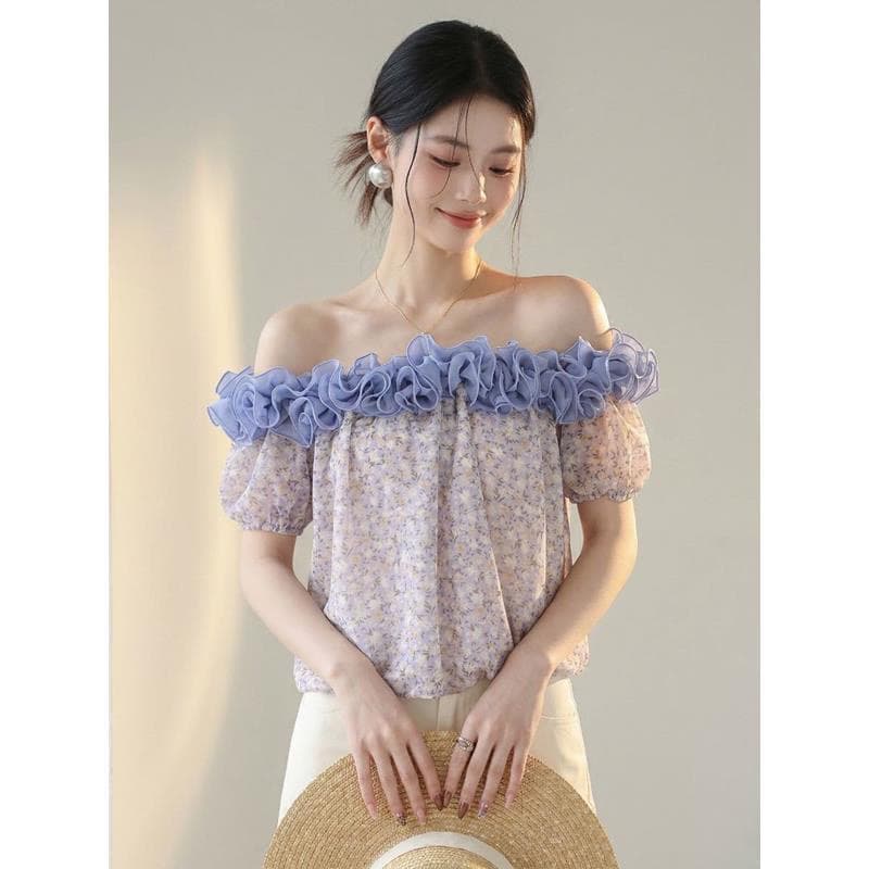 2026 여름 보라색 낭만주의 바람 레이스 거품 소매 꽃무늬 여성 셔츠 슬림해 보이는 몸매 가꾸기 아름다운 디자인 센스 맨위 이미지 4