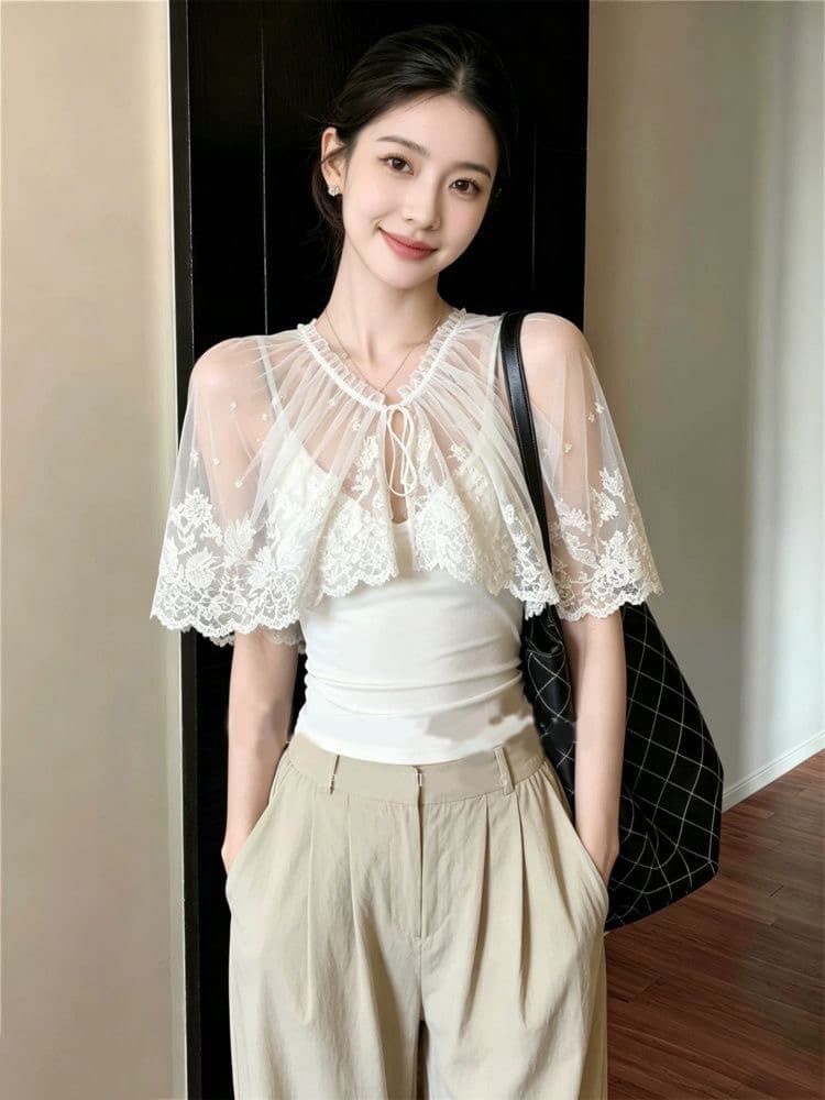 레이스 망토 반팔 티셔츠 여성 화이트 망사 패치워크 몸매 가꾸기 슬림해 보이는 2026 여름 새로운 캐주얼 맨위 상세 이미지 6