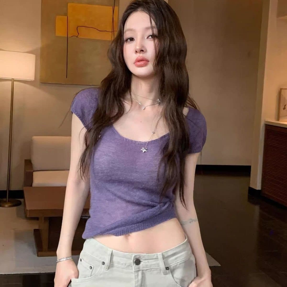 한 부서 보라색 u 칼라 출퇴근 니트 스웨터 반팔 여성 여름 얇은 스타일 몸매 가꾸기 맨위 이미지 4