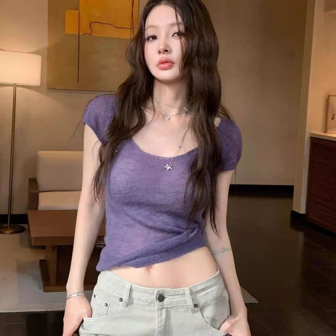 한 부서 보라색 u 칼라 출퇴근 니트 스웨터 반팔 여성 여름 얇은 스타일 몸매 가꾸기 맨위 상세 이미지 3