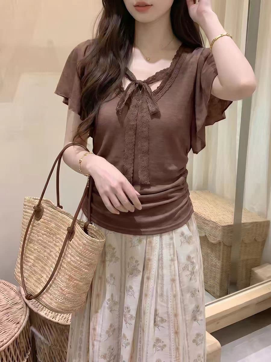 여름 새로운 나비 넥타이 V넥 반팔 티셔츠 여성 부드러운 바람 허리 수축 슬림해 보이는 다용도 작은 셔츠 이미지 3