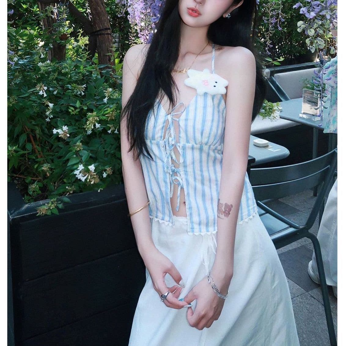 한국 스타일 미니멀리즘 휴가 바람 스트라이프 캐미솔 여성 여름 행침 목 민소매 조끼 몸매 가꾸기 슬림해 보이는 핫걸 맨위 이미지 3