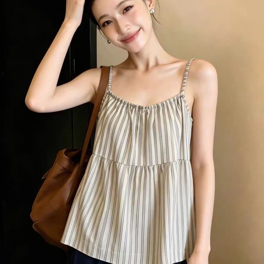 보존 섹션 추천 순수한 욕망 바람 섹시함 세로 줄무늬 캐미솔 디자인 센스 작은 대중 뒤로 레이스업 작은 셔츠 이미지 2