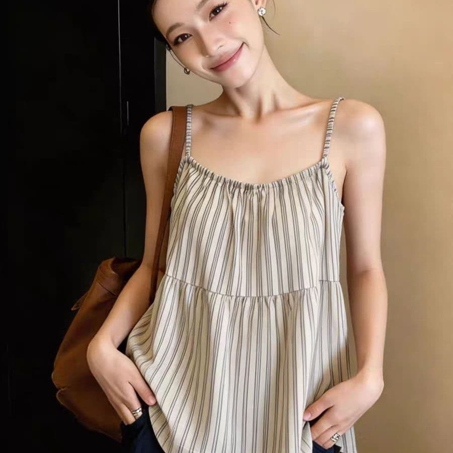 보존 섹션 추천 순수한 욕망 바람 섹시함 세로 줄무늬 캐미솔 디자인 센스 작은 대중 뒤로 레이스업 작은 셔츠 이미지 3