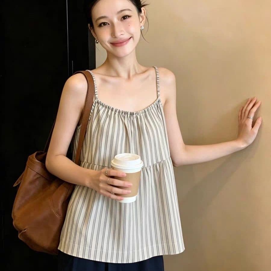 보존 섹션 추천 순수한 욕망 바람 섹시함 세로 줄무늬 캐미솔 디자인 센스 작은 대중 뒤로 레이스업 작은 셔츠 이미지 5