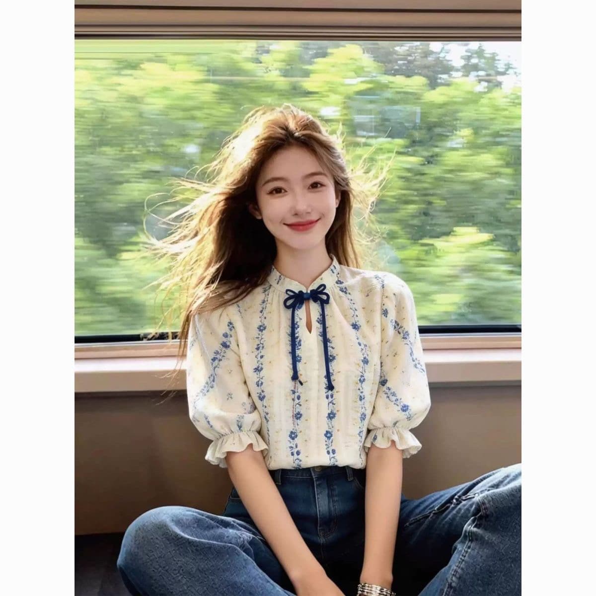 프랑스식 꽃무늬 스탠드 칼라 반팔 여성 셔츠 2026 여름 새로운 품격 빛 요리 한 작은 대중 아니요 명중 섹션 슬림해 보이는 맨위 상세 이미지 4