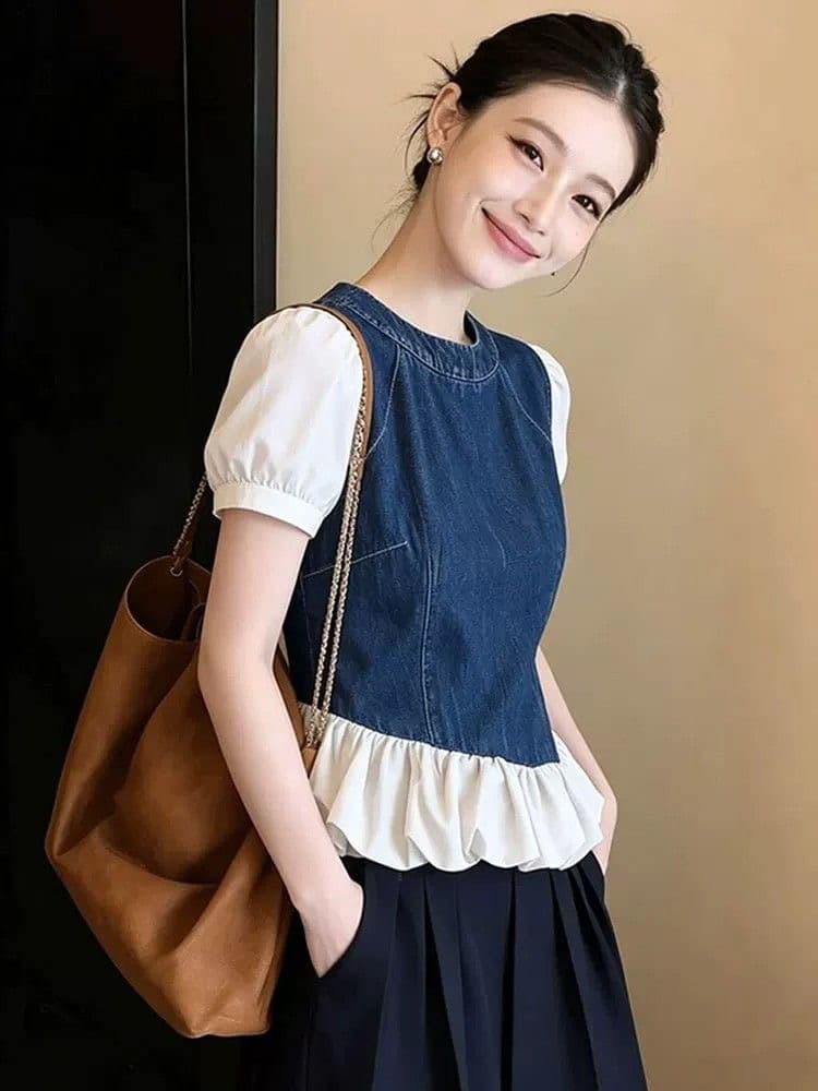 026 년 폭발 캐주얼 연령 감소 패션 프랑스식 데님 프릴 조끼 여성 파란색 슬림해 보이는 연령 감소 맨위 이미지 4
