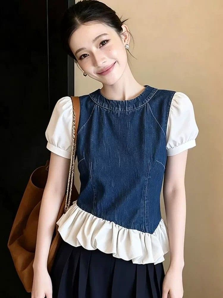 026 년 폭발 캐주얼 연령 감소 패션 프랑스식 데님 프릴 조끼 여성 파란색 슬림해 보이는 연령 감소 맨위 상세 이미지 5