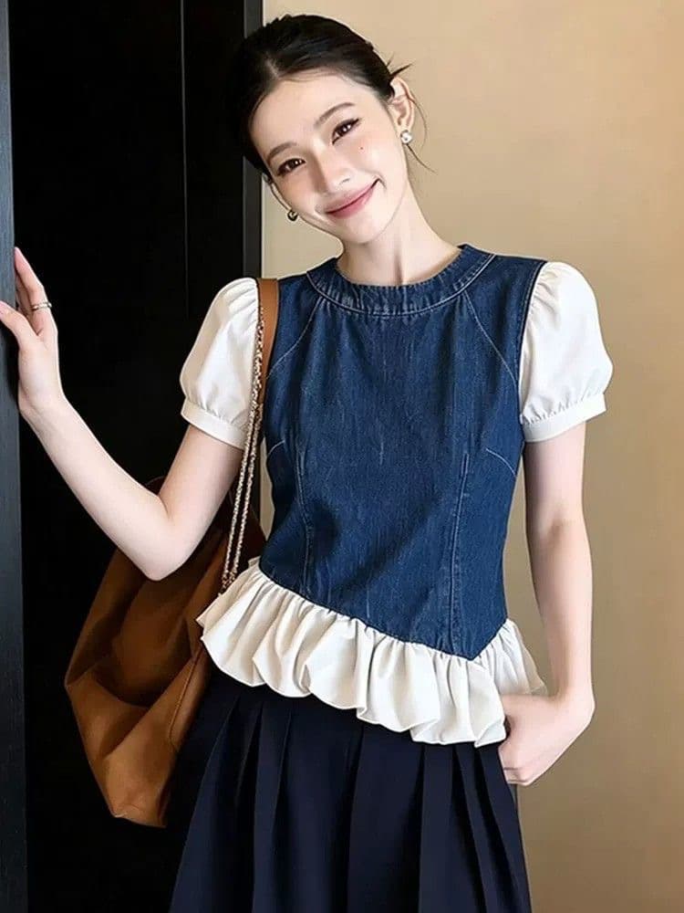 026 년 폭발 캐주얼 연령 감소 패션 프랑스식 데님 프릴 조끼 여성 파란색 슬림해 보이는 연령 감소 맨위 상세 이미지 6