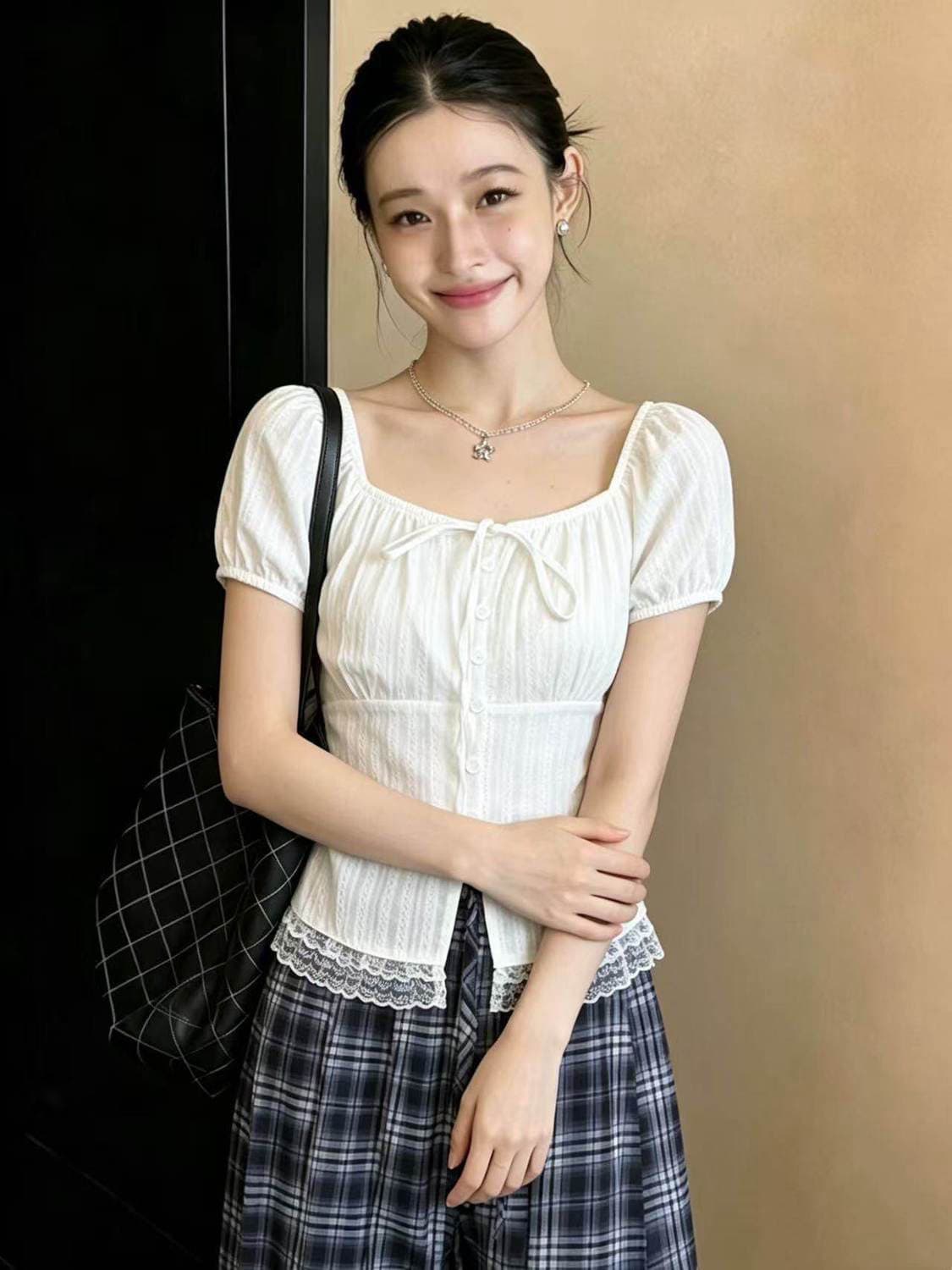 한 부서 화이트 레이스 레이스 스트랩 반팔 여성 셔츠 여름 새로운 순수한 욕망 바람 슬림해 보이는 쇼트 스타일 맨위 상세 이미지 4