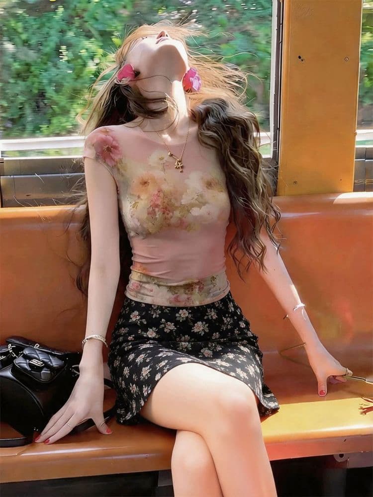 2026 한 부서 레트로 디자인 섹션 몸매 가꾸기 슬림해 보이는 품격 꽃무늬 망사 티셔츠 여성 핫걸 마이크로 ~을 통해 반팔 맨위 상세 이미지 5