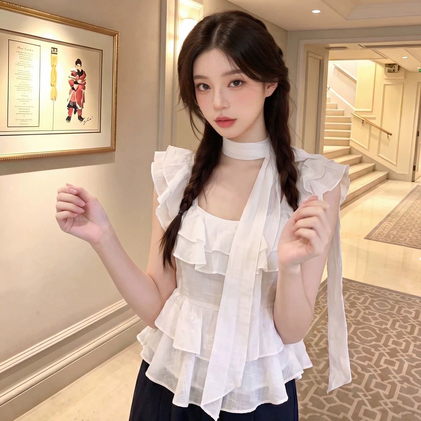 상쾌 달콤함 예술 센스 여름 새로운 리본 작은 셔츠 다용도 슬림해 보이는 느긋한 바람 프릴 작은 날다 소매 맨위