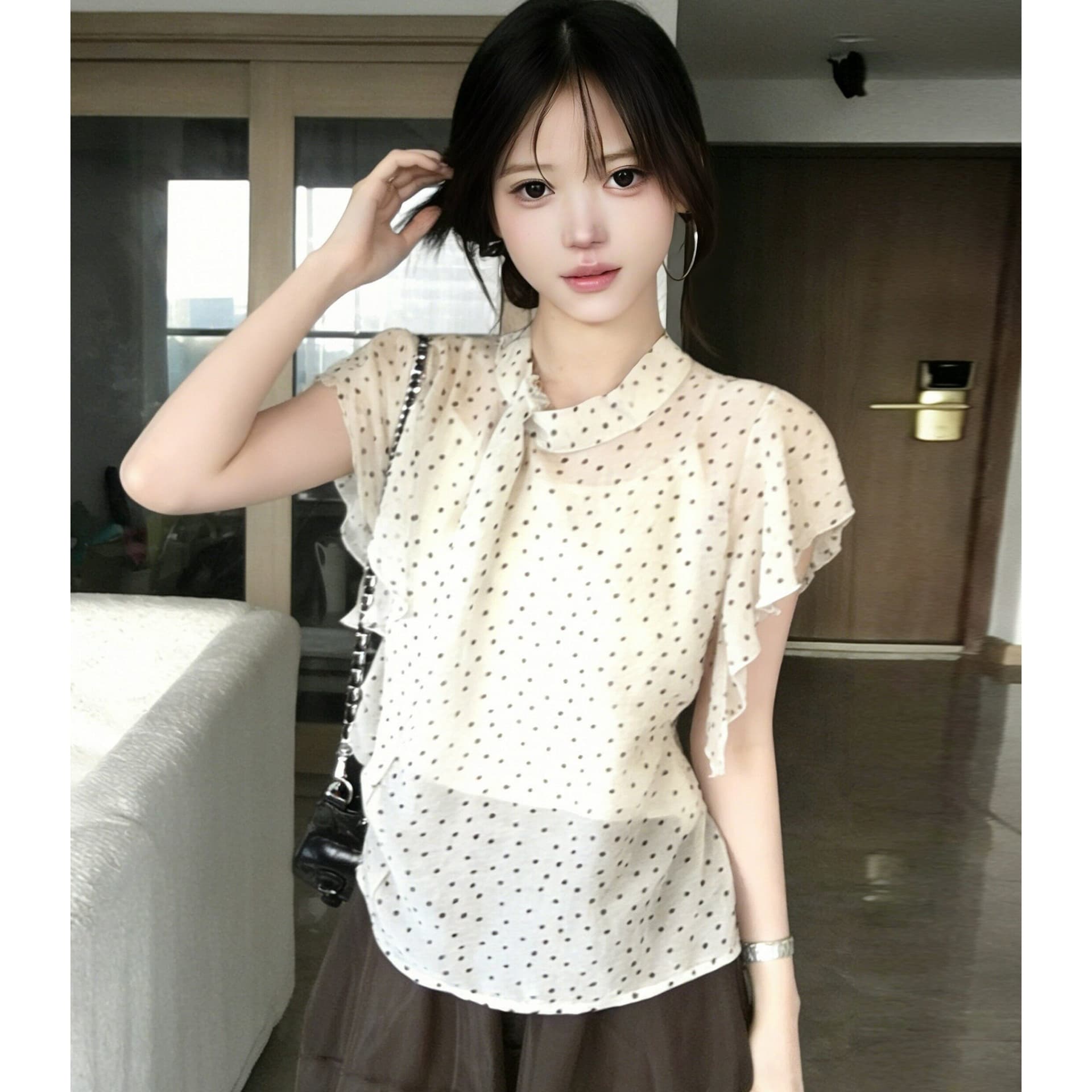 올리브 요리 한 시간 한 부서 도트 무늬 시폰 셔츠 여성 여름 슬림해 보이는 품격 작은 셔츠 슬립 맨위 투피스 세트 트렌디 이미지 5