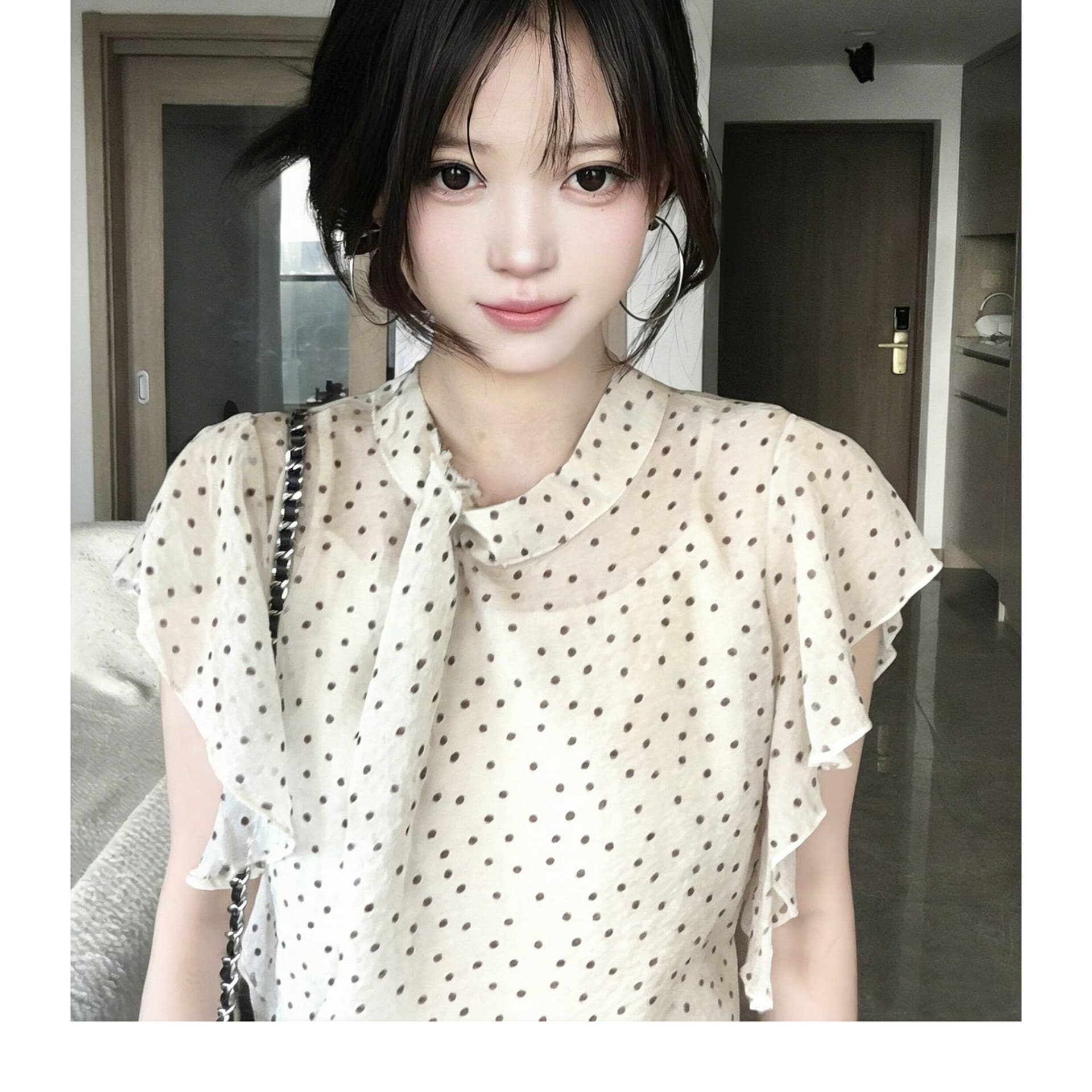 올리브 요리 한 시간 한 부서 도트 무늬 시폰 셔츠 여성 여름 슬림해 보이는 품격 작은 셔츠 슬립 맨위 투피스 세트 트렌디 상세 이미지 4