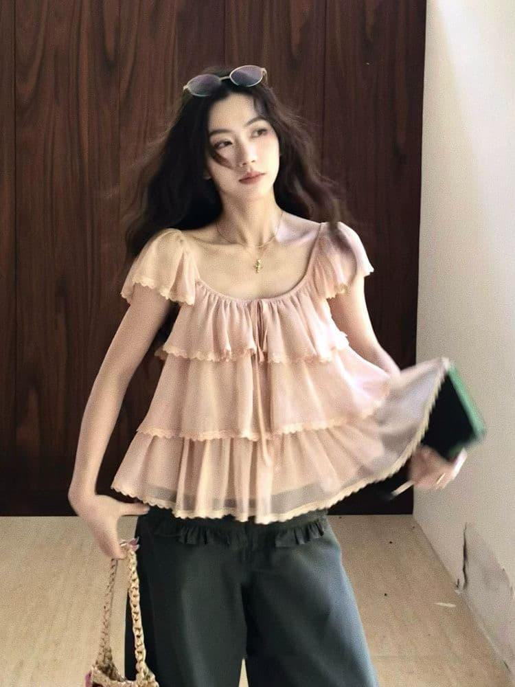 한여름 밤의 꿈 광장 칼라 작은 날다 소매 다중 레이어 펌프 Pleat 레이스 프릴 레이스업 맨위 여성 여름 이미지 3