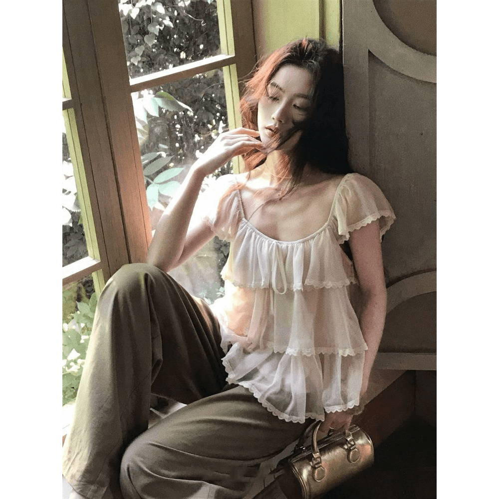 한여름 밤의 꿈 광장 칼라 작은 날다 소매 다중 레이어 펌프 Pleat 레이스 프릴 레이스업 맨위 여성 여름 이미지 5