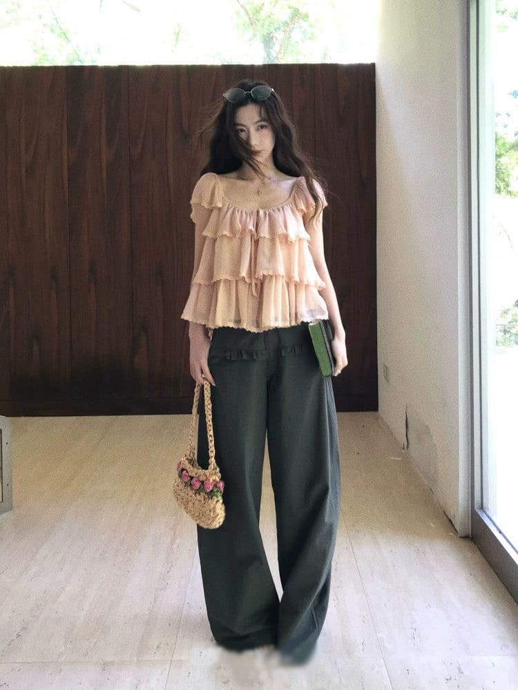 한여름 밤의 꿈 광장 칼라 작은 날다 소매 다중 레이어 펌프 Pleat 레이스 프릴 레이스업 맨위 여성 여름 상세 이미지 4