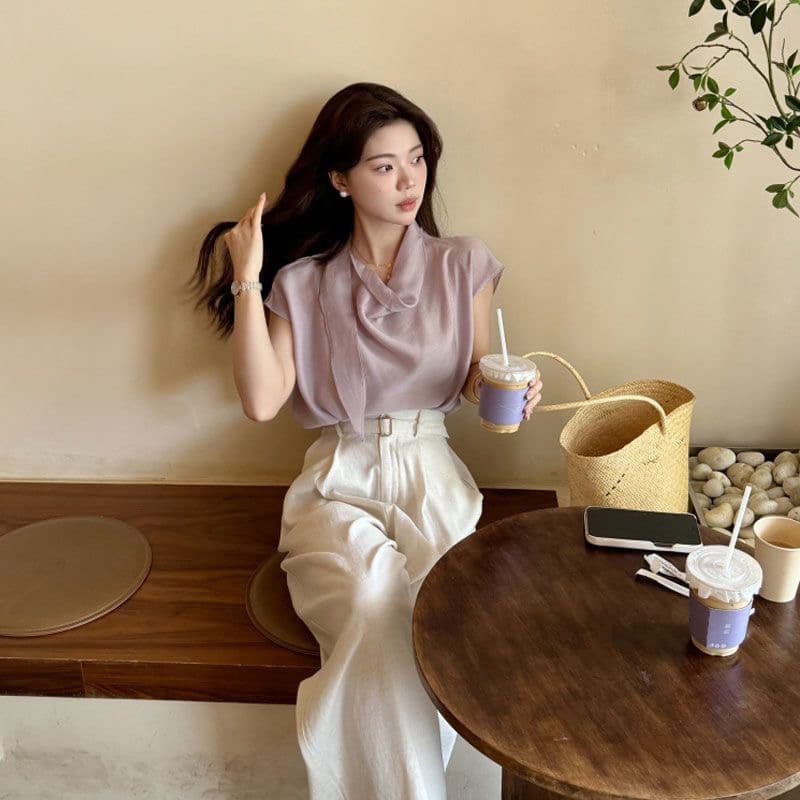 여름 장미 프랑스식 품격 리본 보라색 여성 셔츠 여름 섹션 고급 센스 어깨 Feifei 소매 맨위 상세 이미지 3