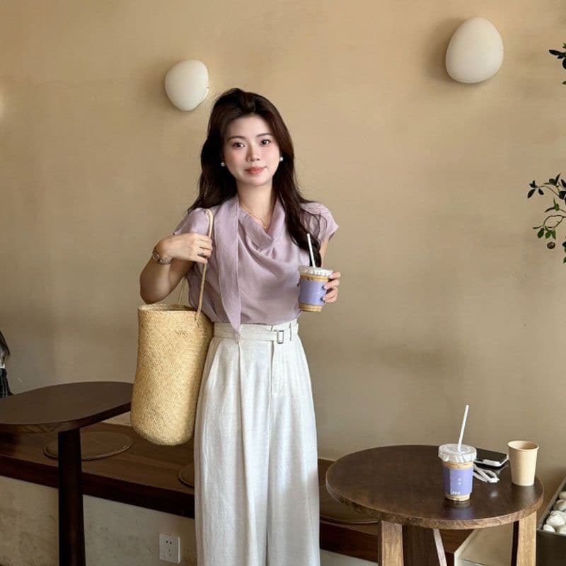 여름 장미 프랑스식 품격 리본 보라색 여성 셔츠 여름 섹션 고급 센스 어깨 Feifei 소매 맨위 상세 이미지 5
