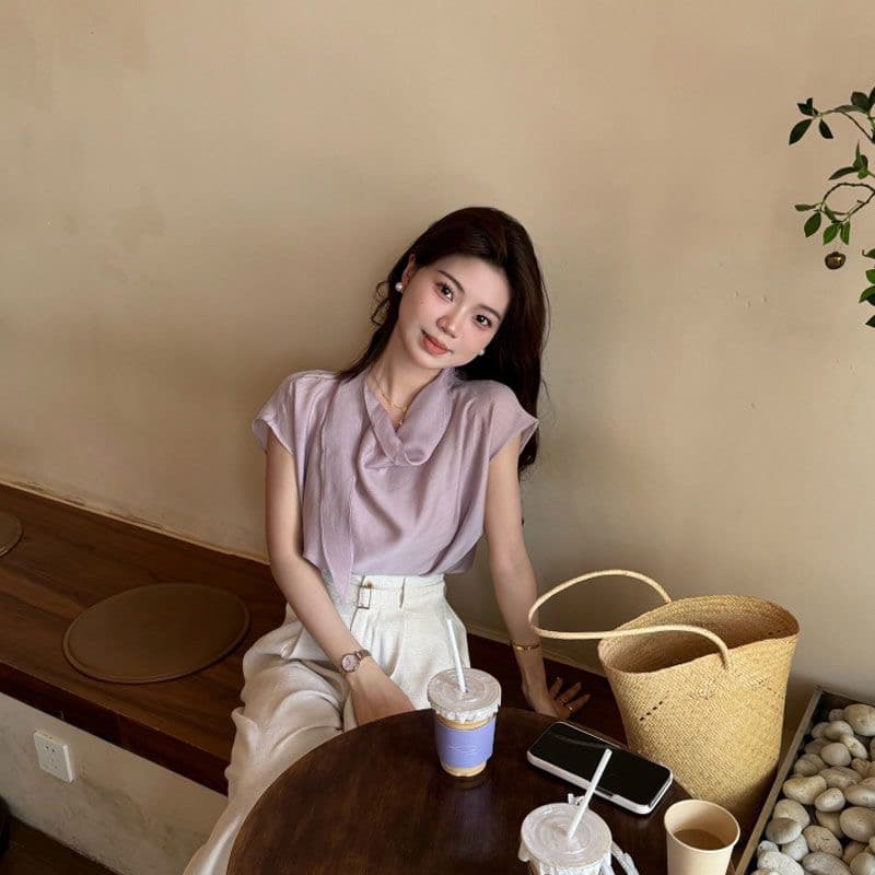 여름 장미 프랑스식 품격 리본 보라색 여성 셔츠 여름 섹션 고급 센스 어깨 Feifei 소매 맨위 상세 이미지 7