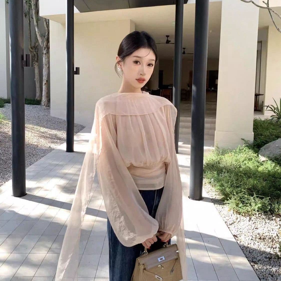 봄 프랑스식 느긋한 바람 펌프 Pleat 품격 자외선 차단 의류 작은 셔츠 구슬 빛 실 리본 긴팔 다용도 셔츠 맨위 상세 이미지 1