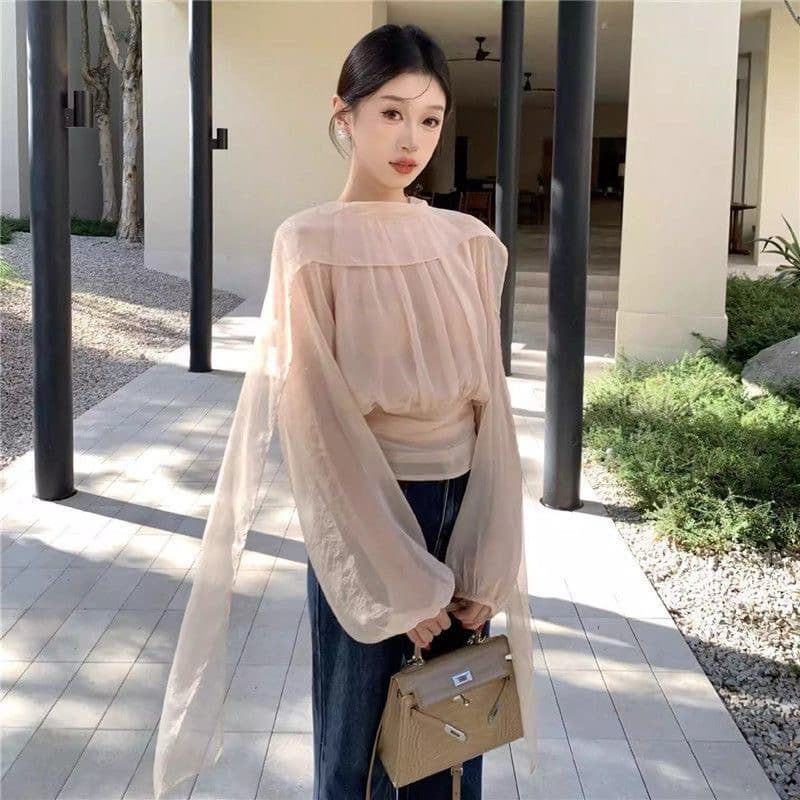 봄 프랑스식 느긋한 바람 펌프 Pleat 품격 자외선 차단 의류 작은 셔츠 구슬 빛 실 리본 긴팔 다용도 셔츠 맨위 상세 이미지 2