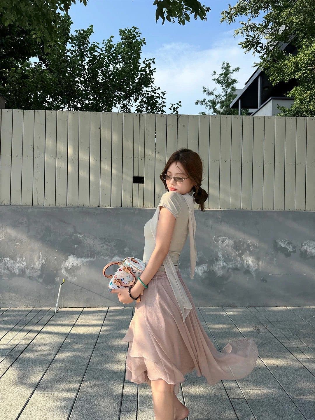 부드러운 핑크색 불규칙 자르기 프릴 반신 스커트 도루 센스 거즈 스커트 여성 여름 새로운 하이웨이스트 한 마디 치마 상세 이미지 3