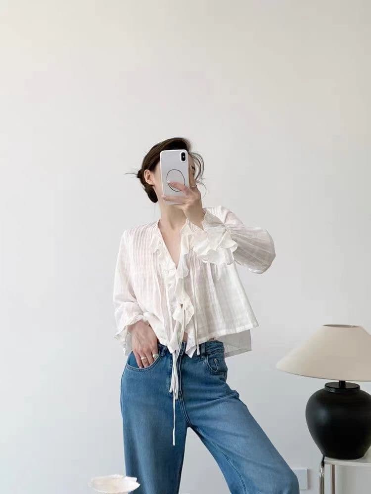 화이트 프랑스식 셔츠 연꽃 잎 자수 작은 셔츠 여성 여름 얇은 스타일 긴팔 자외선 차단 에어컨 쇼트 스타일 맨위 흰 셔츠 상세 이미지 2