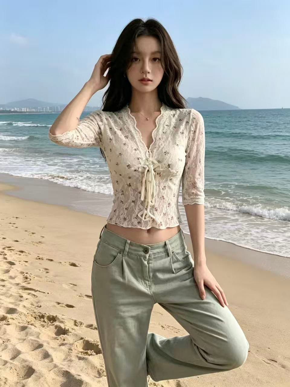 프랑스식 꽃무늬 나비 매듭 스트랩 V넥 중간 소매 레이스 셔츠 여성 여름 순수한 욕망 바람 몸매 가꾸기 외출용 쇼트 스타일 맨위 이미지 2