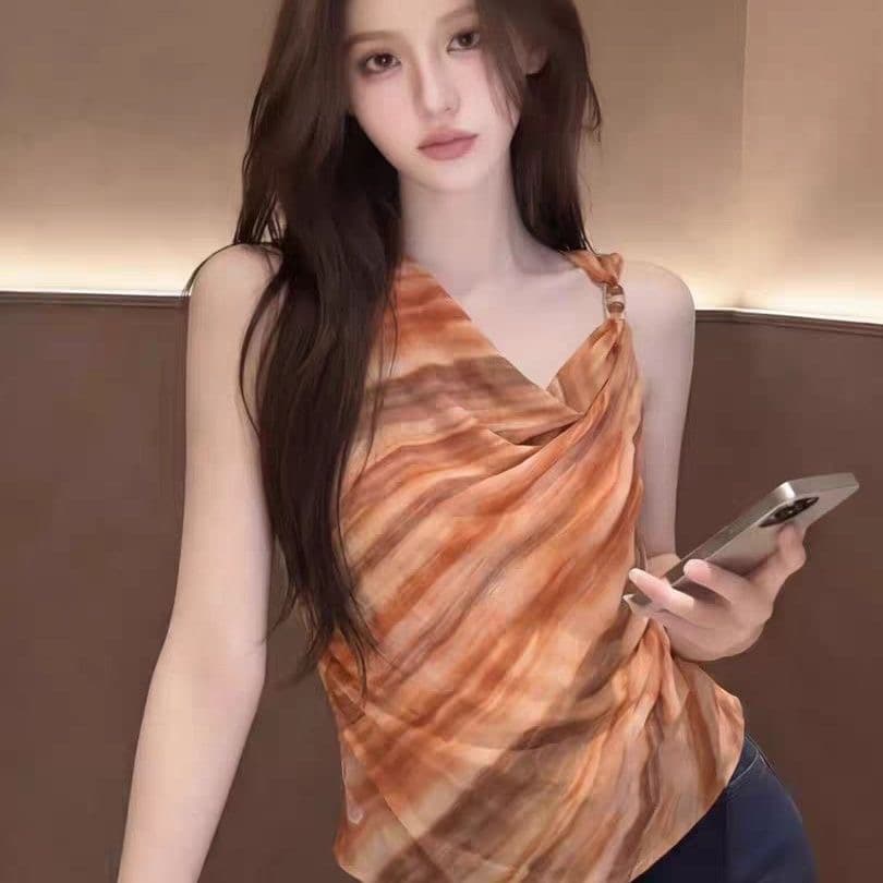 프랑스식 빛 럭셔리 바람이 아닙니다. 대칭 홀치기 염색 조끼 슬립 여성 여름 분위기 센스 흔들다 수신 Pleat 민소매 쉬폰 톱 상세 이미지 1