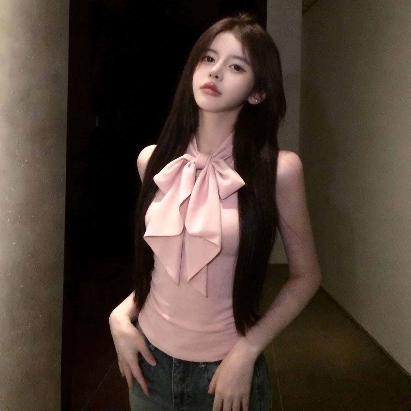 한 부서 부드러운 바람 핑크색 나비 넥타이 민소매 조끼 여성 여름 몸매 가꾸기 다용도 맨위