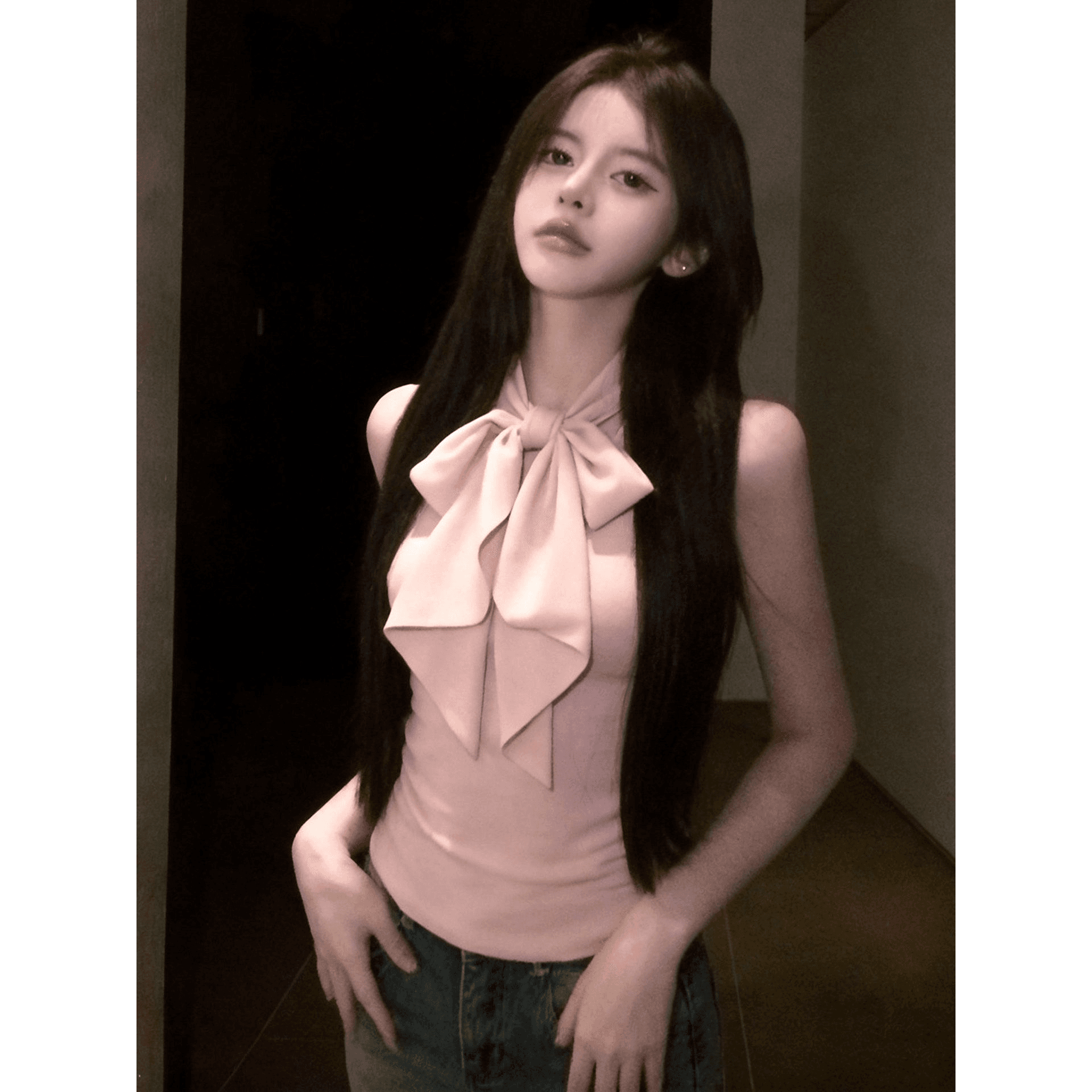 한 부서 부드러운 바람 핑크색 나비 넥타이 민소매 조끼 여성 여름 몸매 가꾸기 다용도 맨위 이미지 5