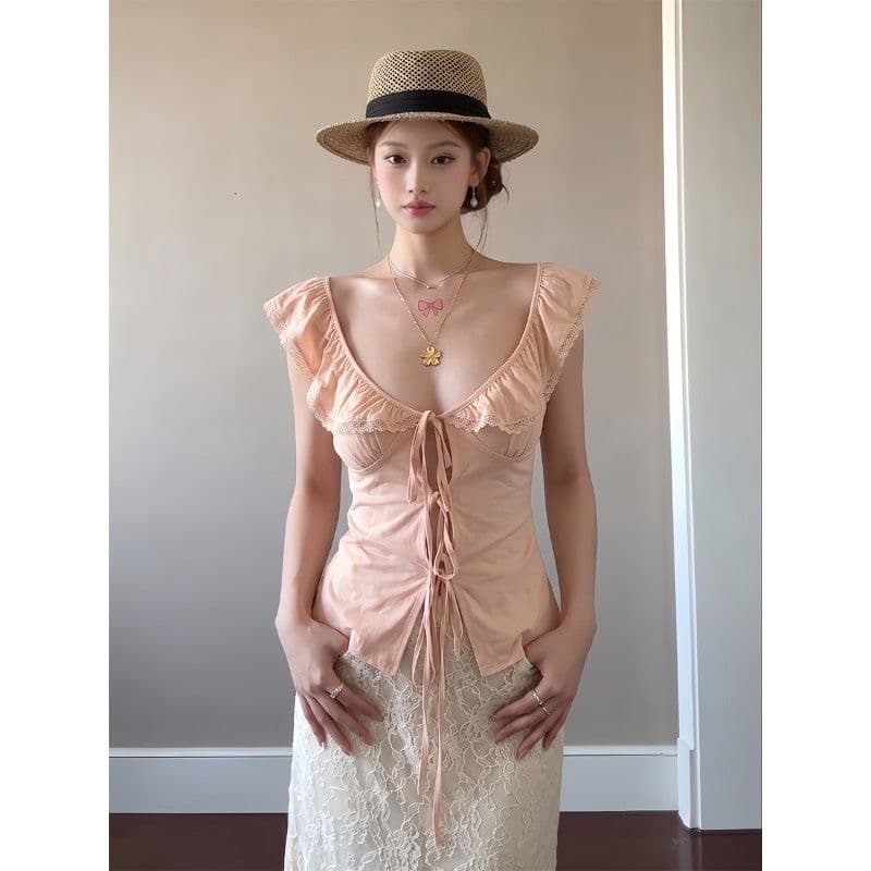 휴가 바람 작은 날다 소매 티셔츠 여성 외국 가스 연령 감소 레이스업 레이스 디자인 섹시함 핫걸 프랑스식 그레이트 봐. 의류 이미지 2