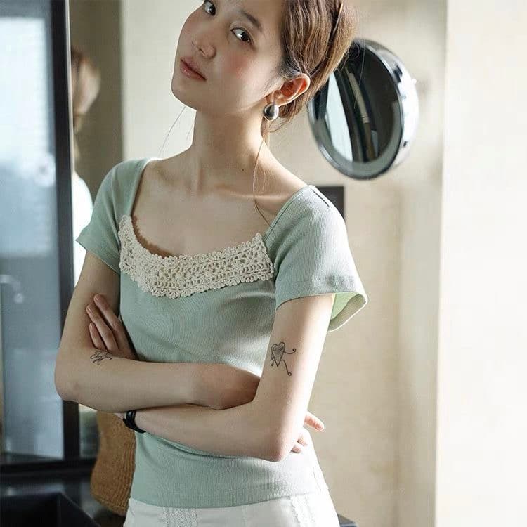 새로운 다용도 패치워크 레이스 반팔 티셔츠 여름 몸매 가꾸기 슬림해 보이는 디자인 센스 작은 대중 핫걸 바람 녹색 맨위 상세 이미지 5