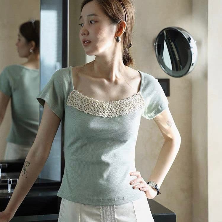 새로운 다용도 패치워크 레이스 반팔 티셔츠 여름 몸매 가꾸기 슬림해 보이는 디자인 센스 작은 대중 핫걸 바람 녹색 맨위 상세 이미지 7