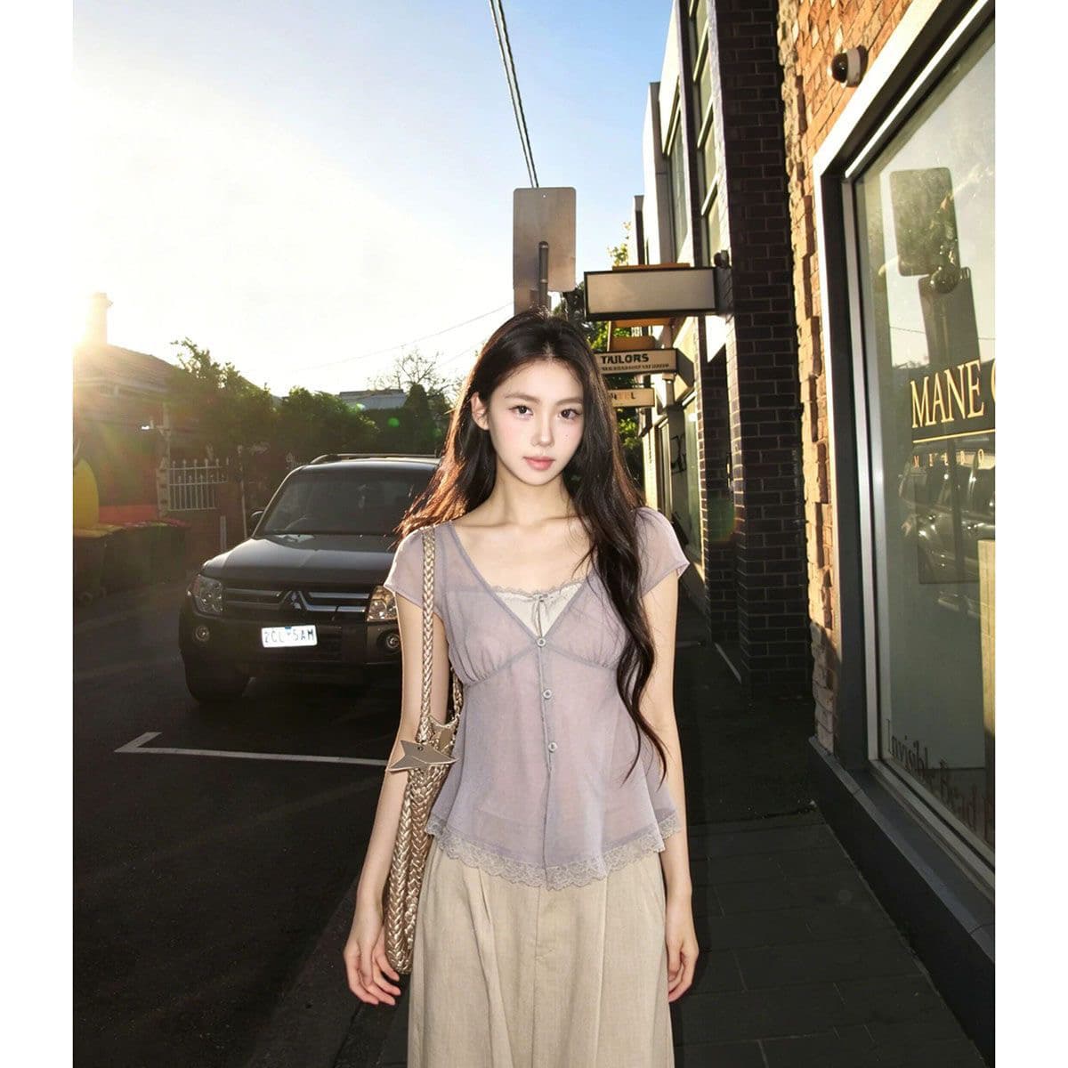 연한 자주색 스택 그림자 한 부서 페이크 레이어드 티셔츠 여성 여름 레이스 레이스 V넥 셔츠 작은 셔츠 허리 수축 맨위 트렌디 상세 이미지 5