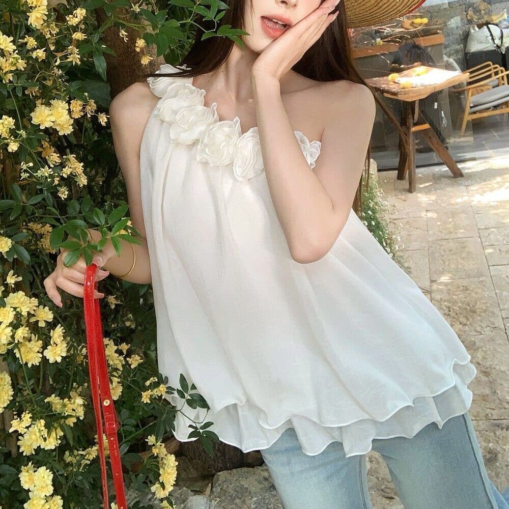 한 부서 낭만주의 꽃 비스듬한 어깨 분위기 센스 작은 셔츠 여성 2026 여름 새로운 순수한 욕망 섹시함 오프숄더 아름다운 맨위 이미지 4